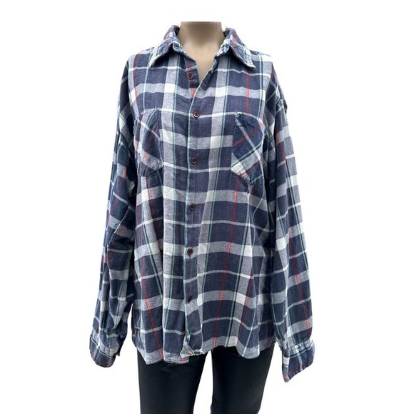 Upcycled Vintage Red Hot Naughty Graphic Flannel Button Shirt Distressed Mens L - Picture 1 of 13